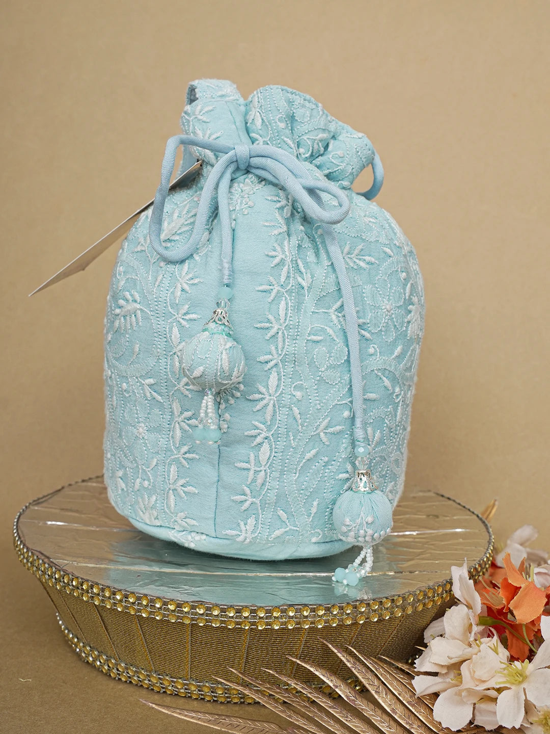 Ada Hand Embroidered Sky Blue Chanderi Lucknowi Chikankari Potli Bag 01A643144