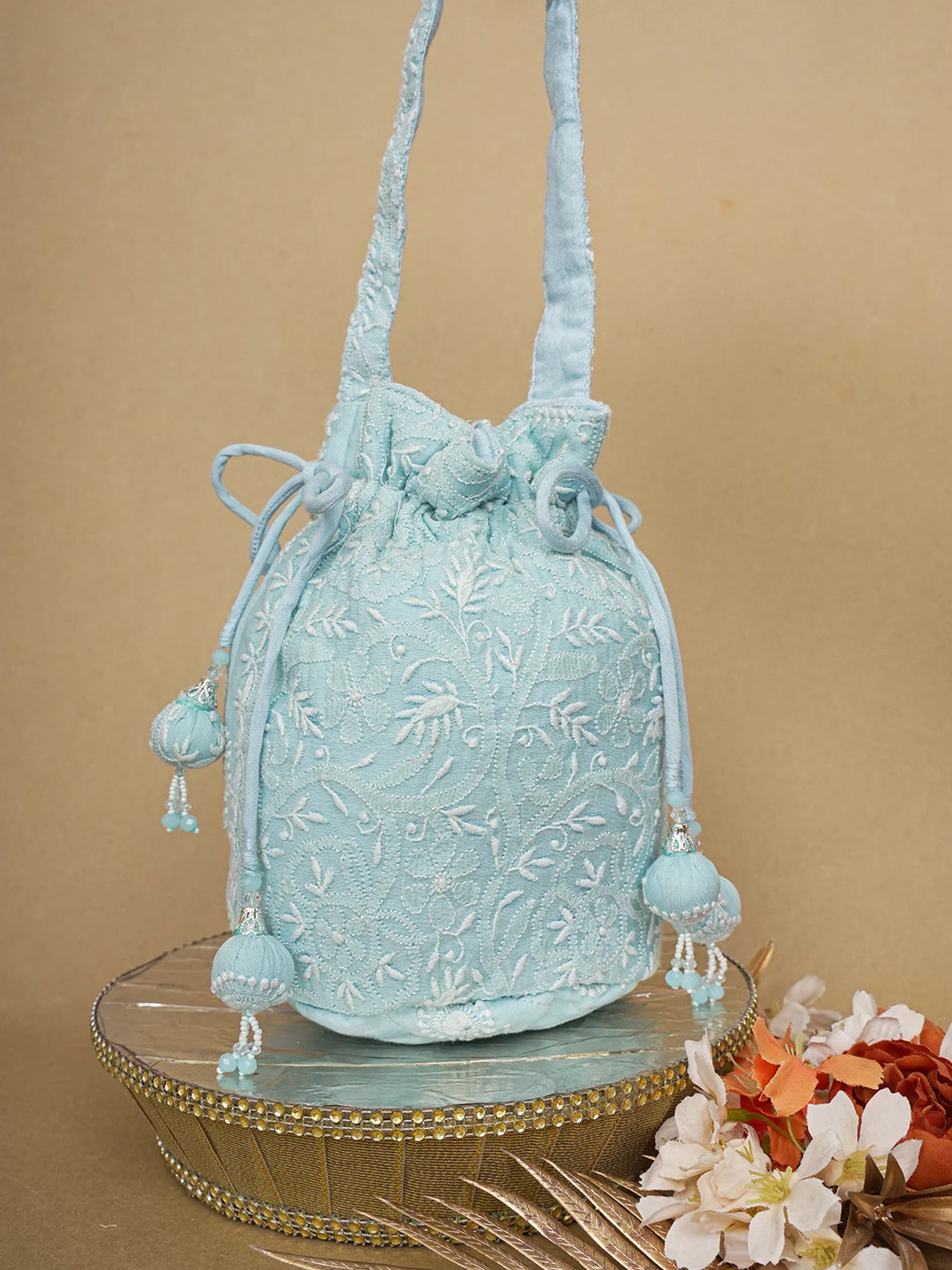 Ada Hand Embroidered Sky Blue Chanderi Lucknowi Chikankari Potli Bag 01A643144