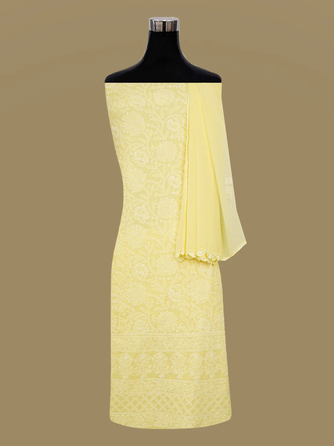 Ada Hand Embroidered Yellow Cotton Lucknowi Chikankari Unstitched Suit Piece 01A638905