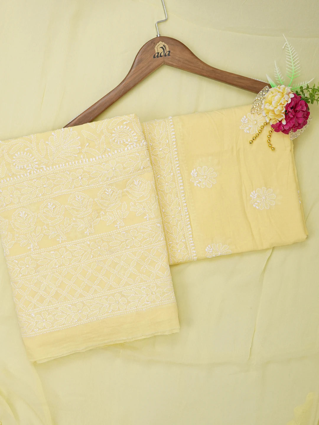 Ada Hand Embroidered Yellow Cotton Lucknowi Chikankari Unstitched Suit Piece 01A638905