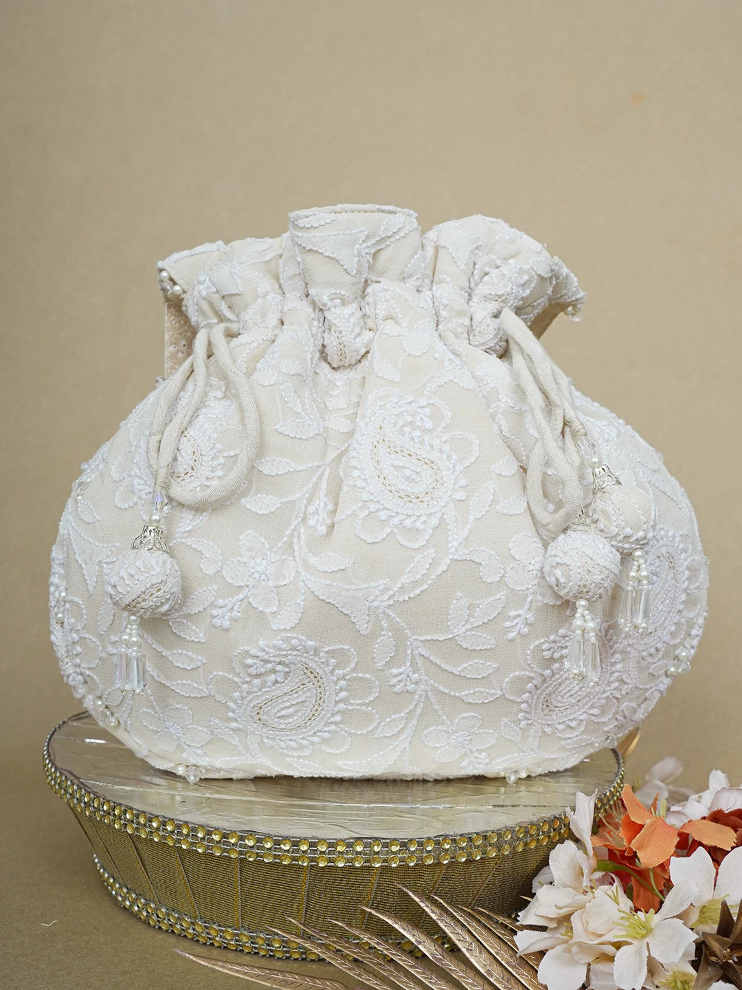 Ada Hand Embroidered Cream Pure Georgette Lucknowi Chikankari Potli Bag With Pearl Work 01A643136
