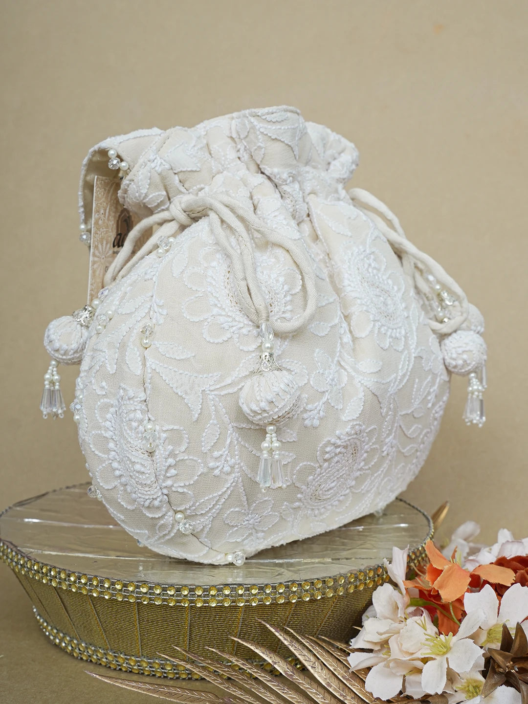Ada Hand Embroidered Cream Pure Georgette Lucknowi Chikankari Potli Bag With Pearl Work 01A643136
