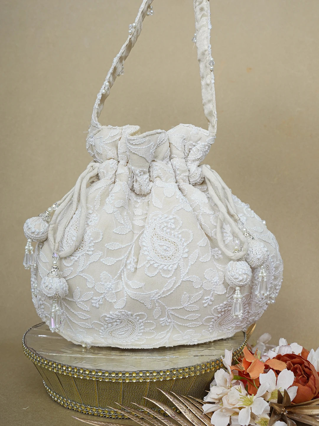 Ada Hand Embroidered Cream Pure Georgette Lucknowi Chikankari Potli Bag With Pearl Work 01A643136