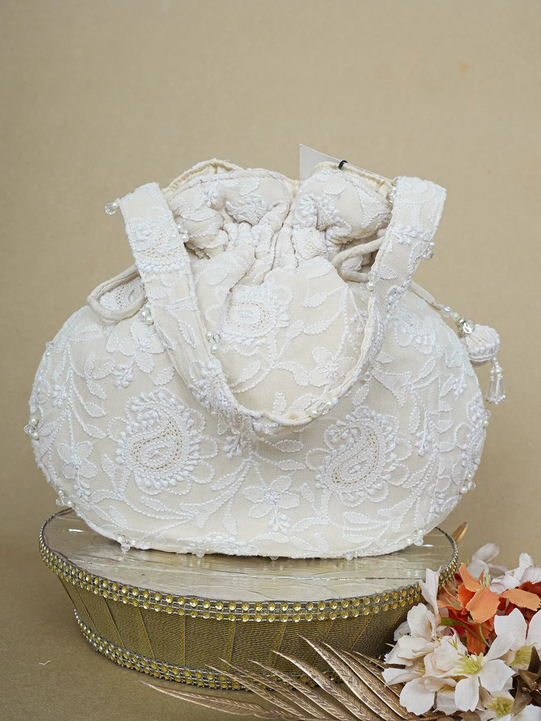 Ada Hand Embroidered Cream Pure Georgette Lucknowi Chikankari Potli Bag With Pearl Work 01A643136