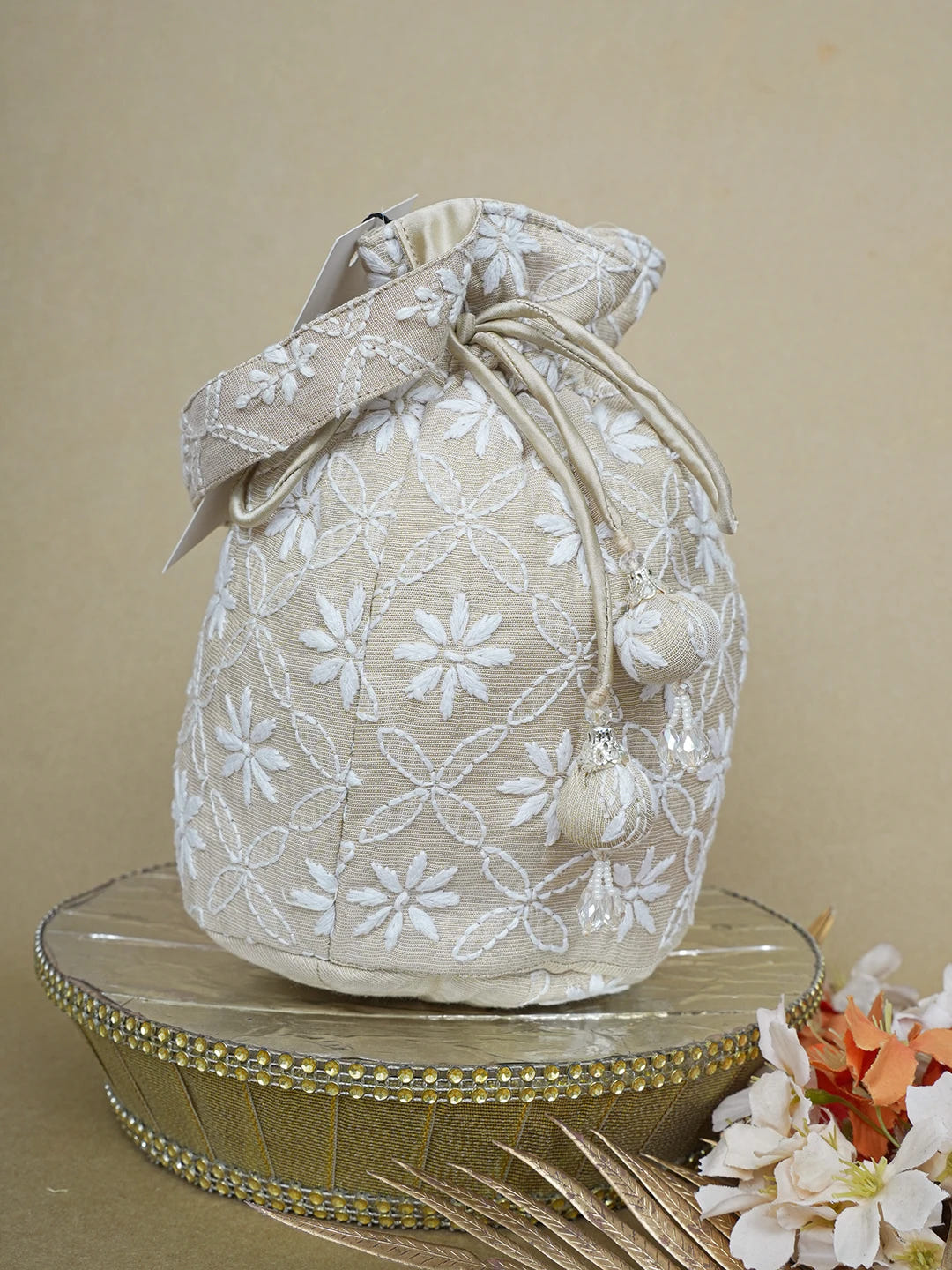 Ada Hand Embroidered Fawn Tissue Lucknowi Chikankari Potli Bag 01A644300