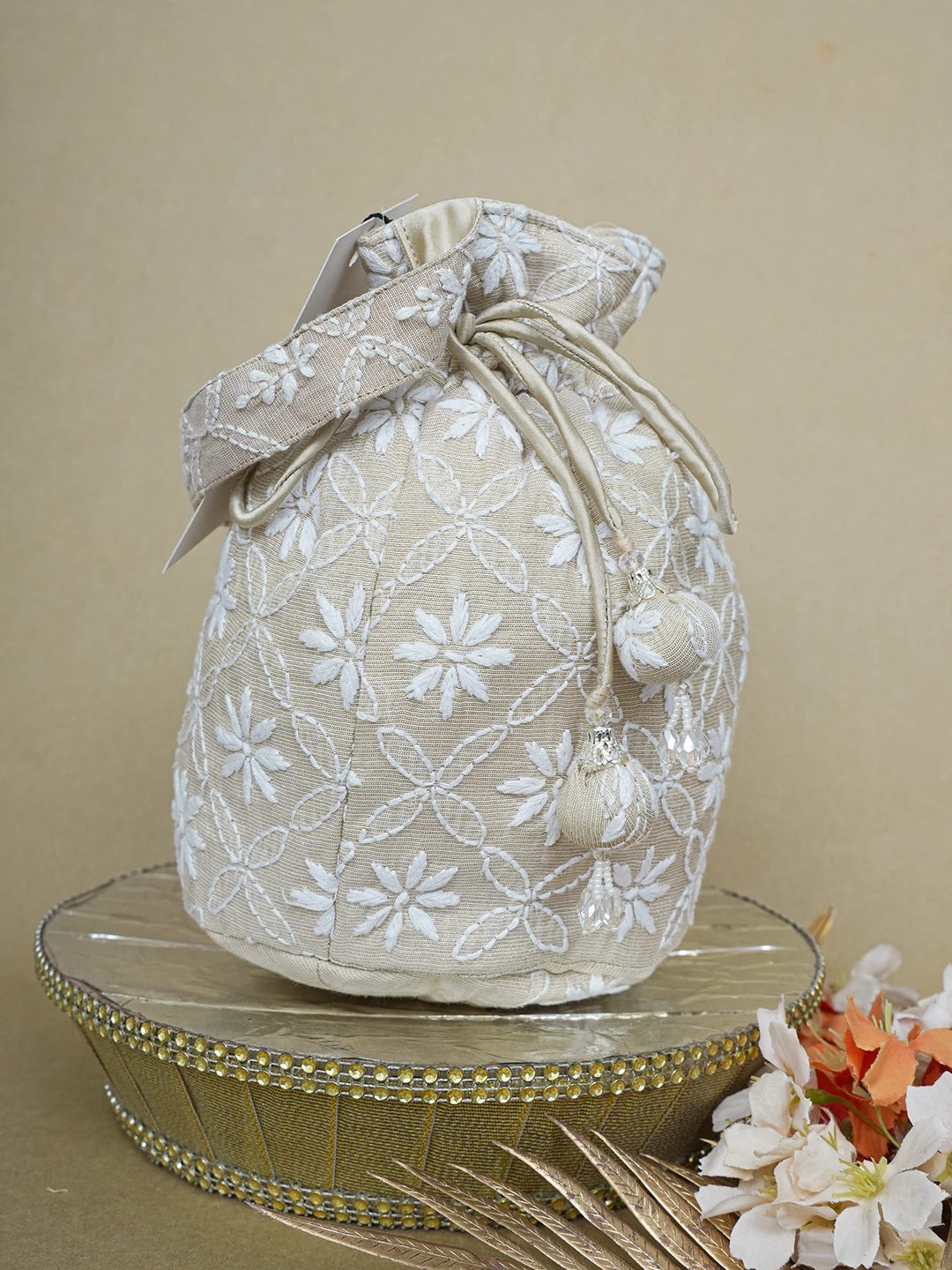 Ada Hand Embroidered Fawn Tissue Lucknowi Chikankari Potli Bag 01A644300
