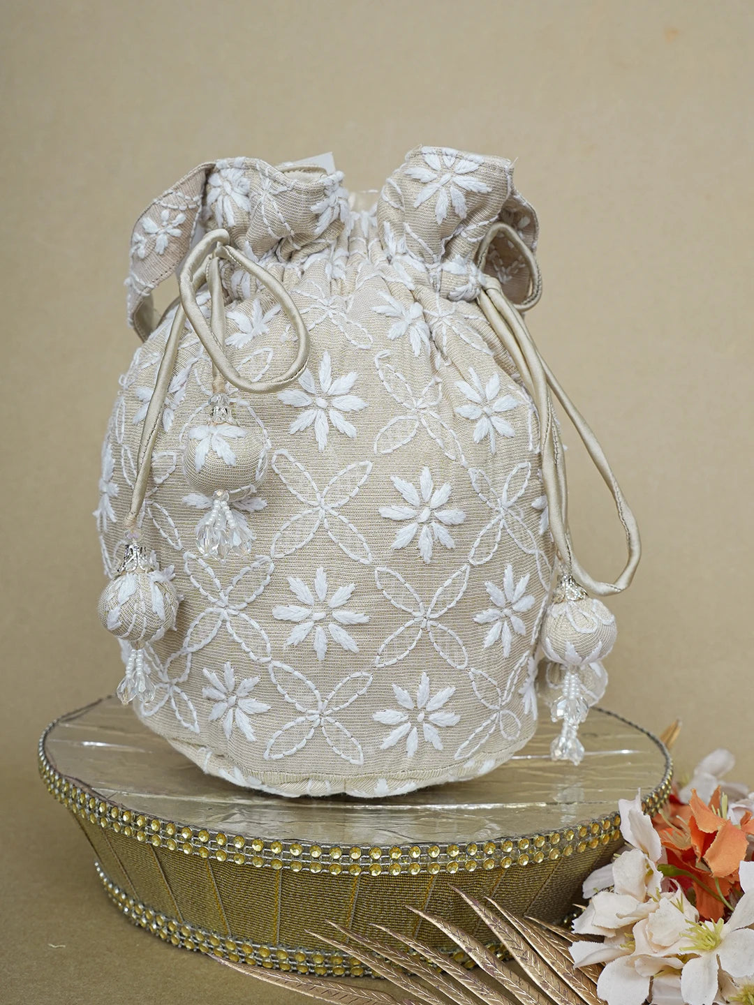 Ada Hand Embroidered Fawn Tissue Lucknowi Chikankari Potli Bag 01A644300