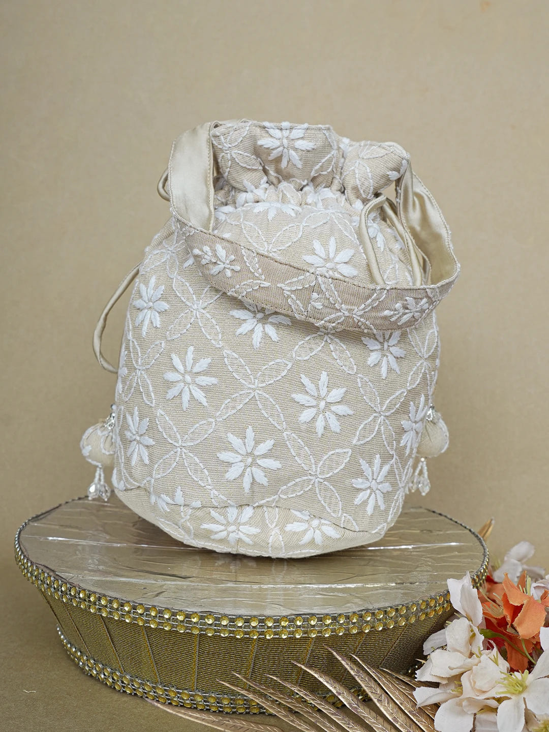 Ada Hand Embroidered Fawn Tissue Lucknowi Chikankari Potli Bag 01A644300