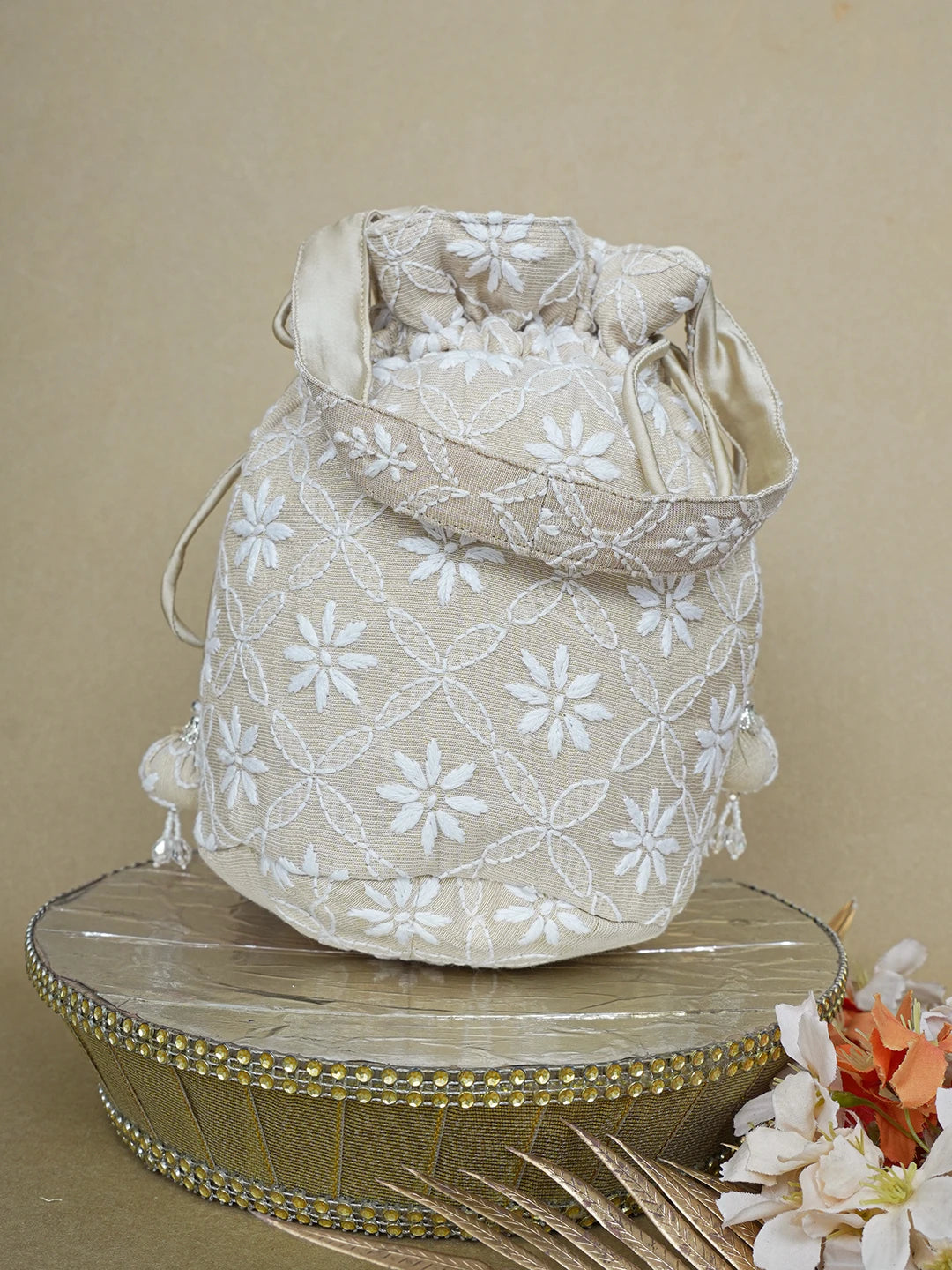 Ada Hand Embroidered Fawn Tissue Lucknowi Chikankari Potli Bag 01A644300