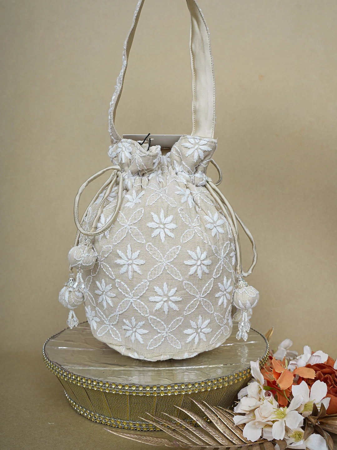 Ada Hand Embroidered Fawn Tissue Lucknowi Chikankari Potli Bag 01A644300