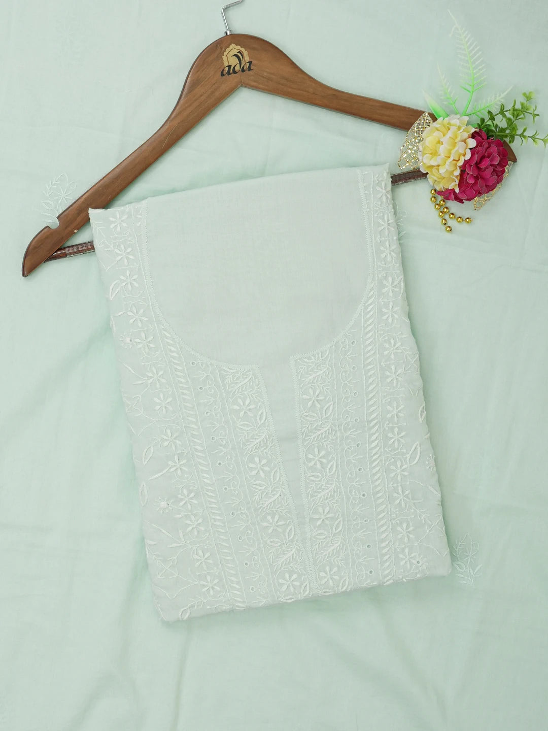 Ada Hand Embroidered Sea Green Cotton Lucknowi Chikankari Unstitched Kurta Dupatta Set 01A307496