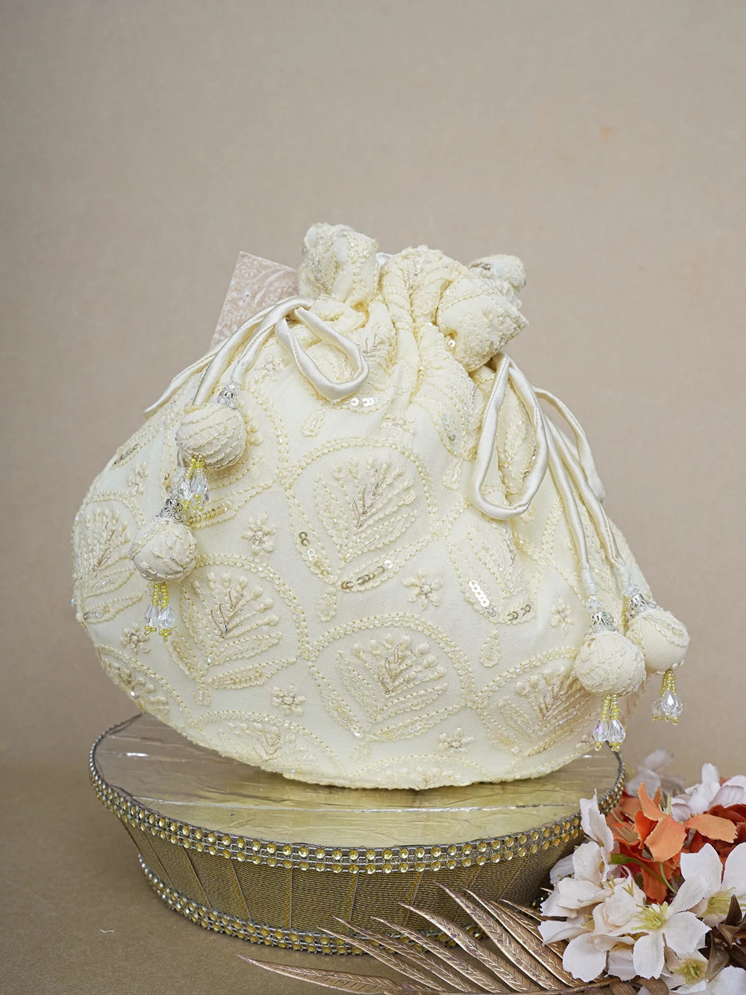 Ada Hand Embroidered Flax Yellow Viscose Georgette Lucknowi Chikankari Potli Bag With Sequinned Work 01A643140