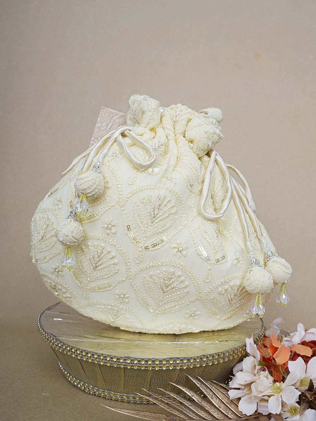 Ada Hand Embroidered Flax Yellow Viscose Georgette Lucknowi Chikankari Potli Bag With Sequinned Work 01A643140