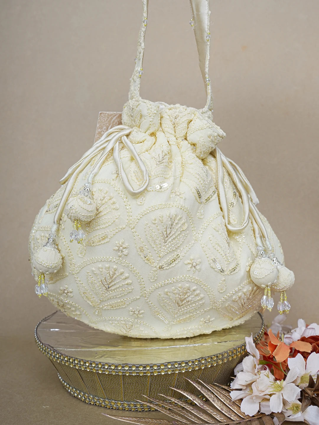 Ada Hand Embroidered Flax Yellow Viscose Georgette Lucknowi Chikankari Potli Bag With Sequinned Work 01A643140