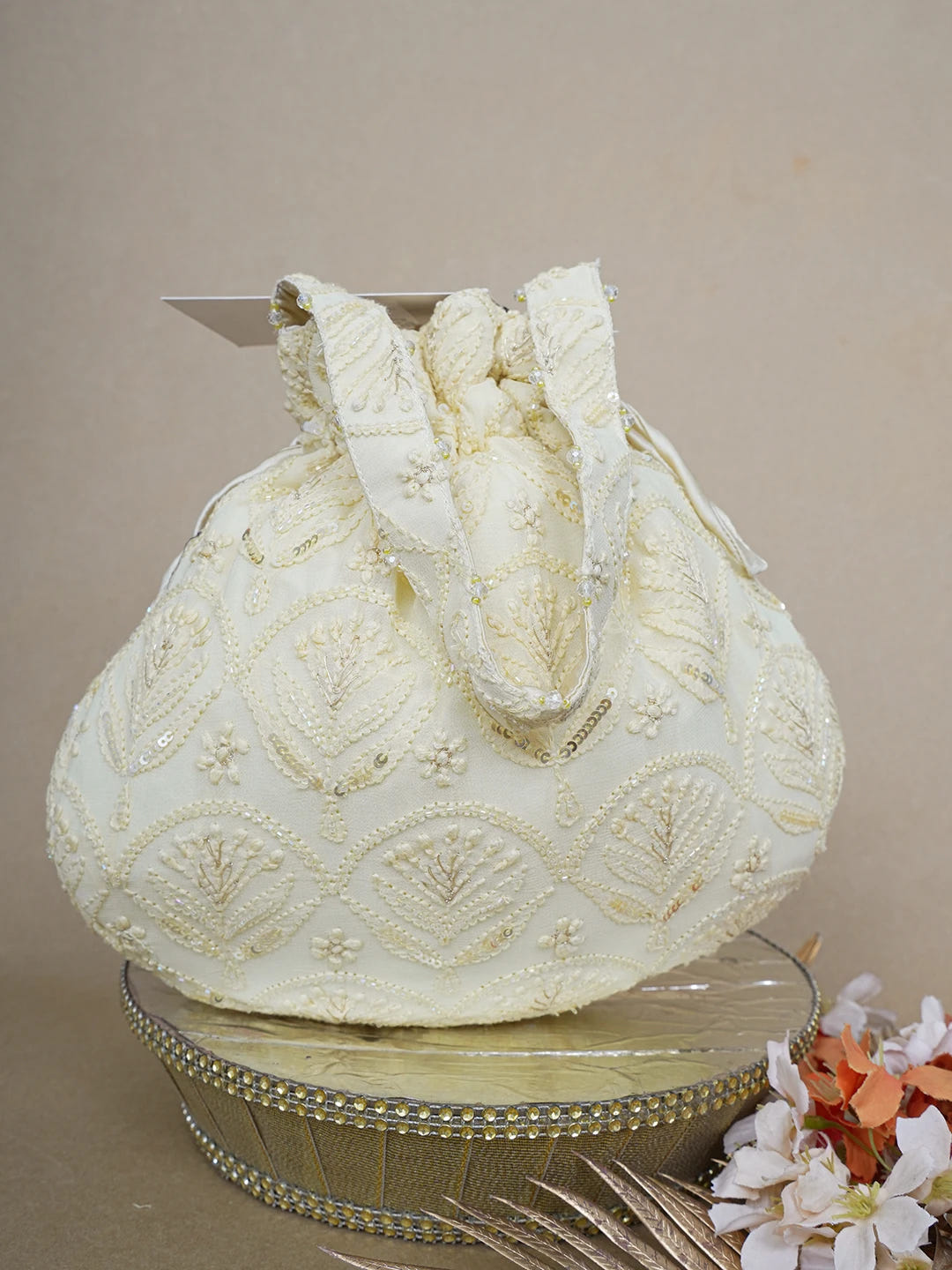 Ada Hand Embroidered Flax Yellow Viscose Georgette Lucknowi Chikankari Potli Bag With Sequinned Work 01A643140