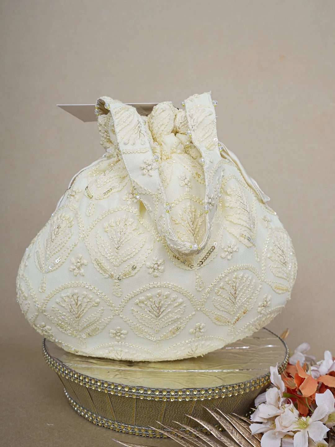 Ada Hand Embroidered Flax Yellow Viscose Georgette Lucknowi Chikankari Potli Bag With Sequinned Work 01A643140