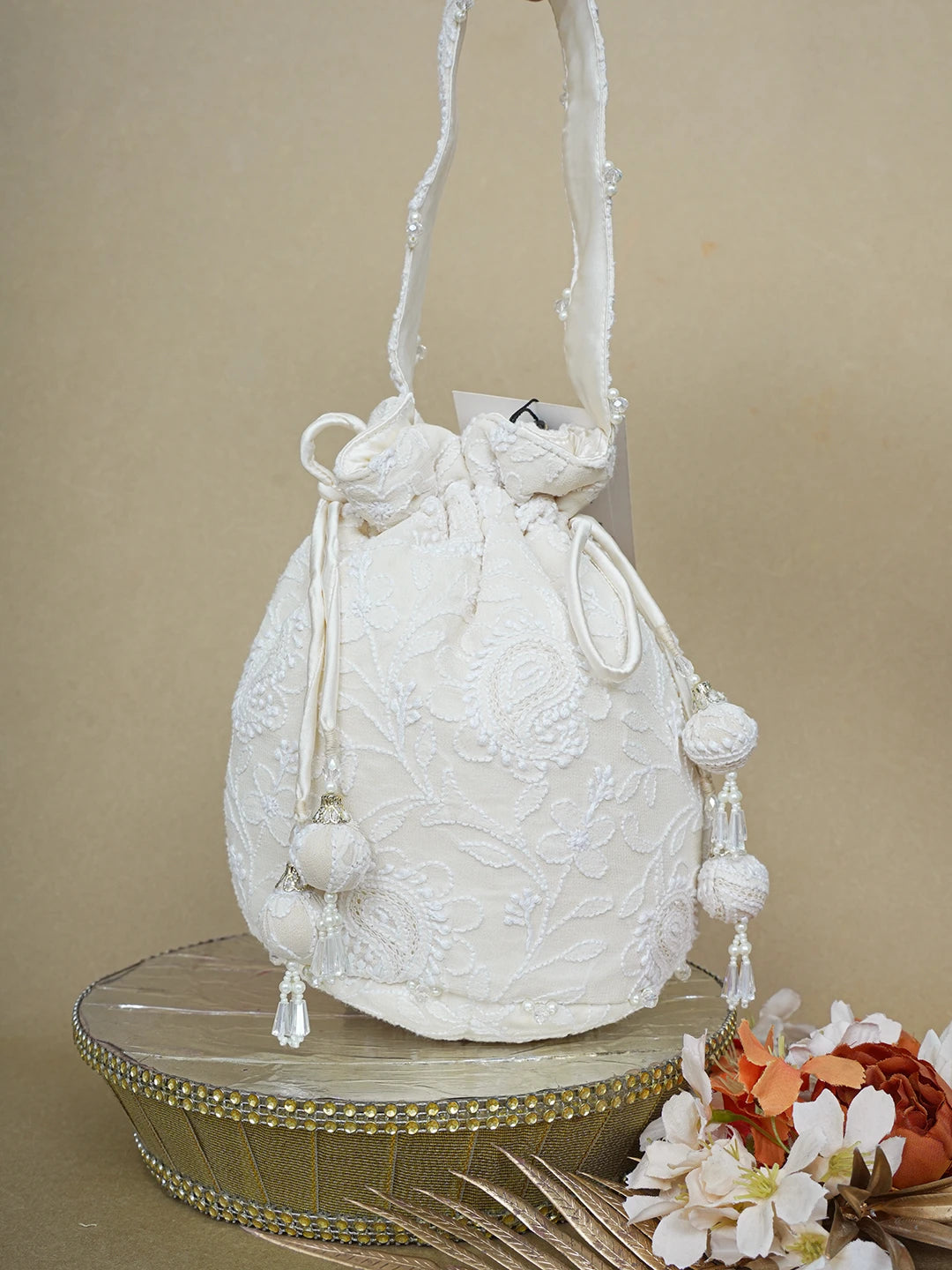 Ada Hand Embroidered Cream Pure Georgette Lucknowi Chikankari Potli Bag 01A643137