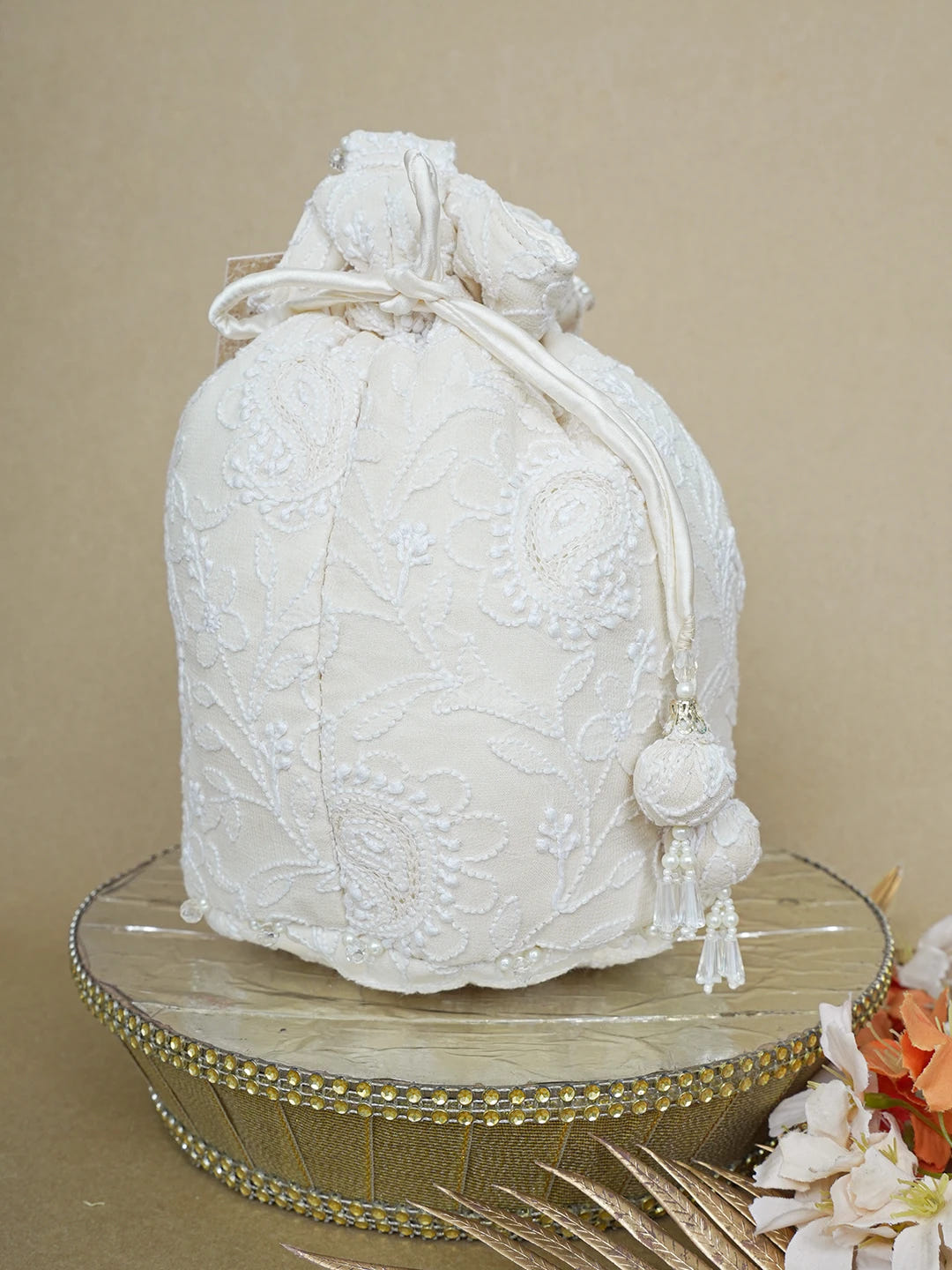 Ada Hand Embroidered Cream Pure Georgette Lucknowi Chikankari Potli Bag 01A643137
