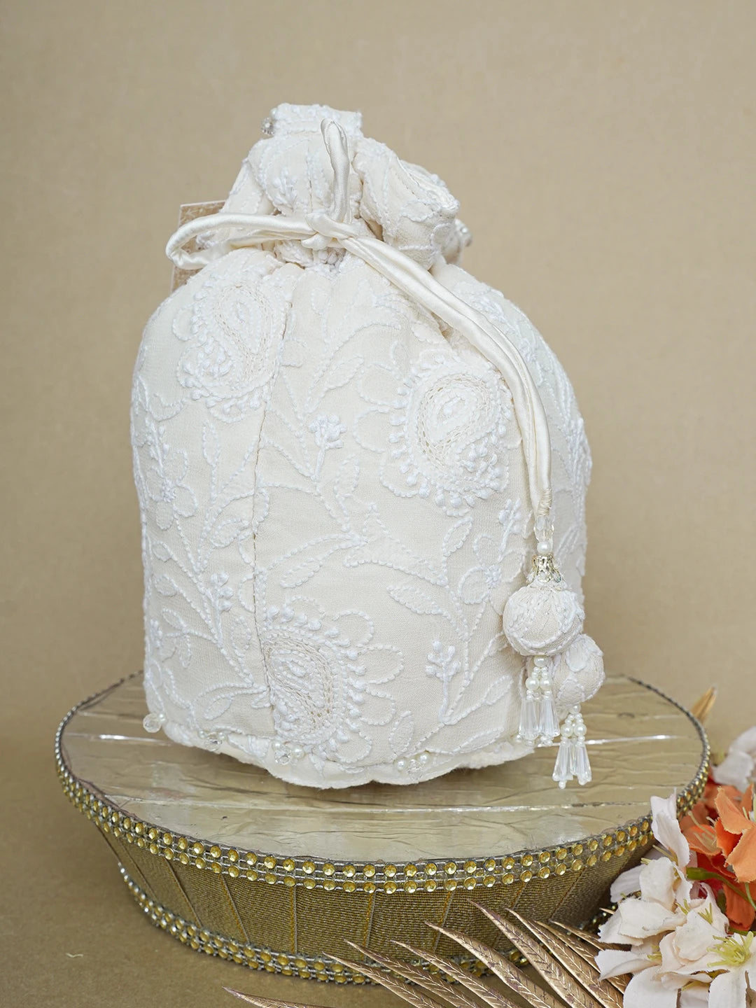 Ada Hand Embroidered Cream Pure Georgette Lucknowi Chikankari Potli Bag 01A643137