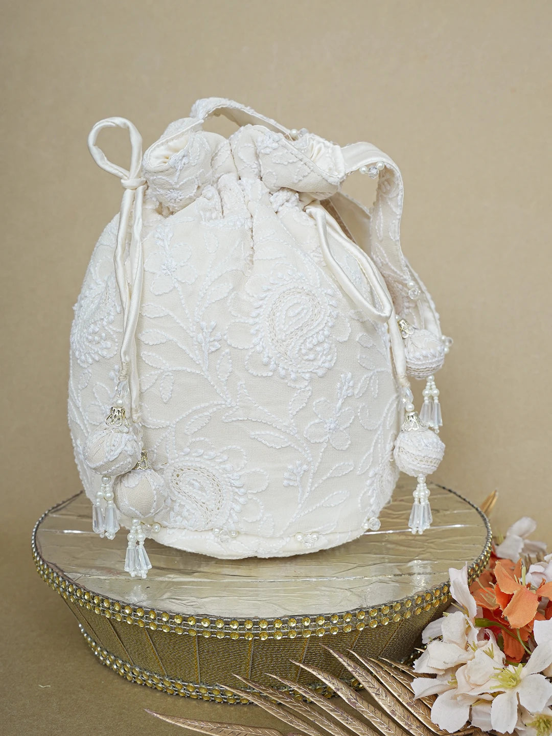 Ada Hand Embroidered Cream Pure Georgette Lucknowi Chikankari Potli Bag 01A643137