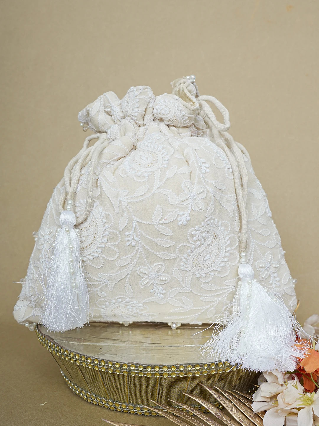 Ada Hand Embroidered Cream Pure Georgette Lucknowi Chikankari Potli Bag With Pearl Work 01A643135