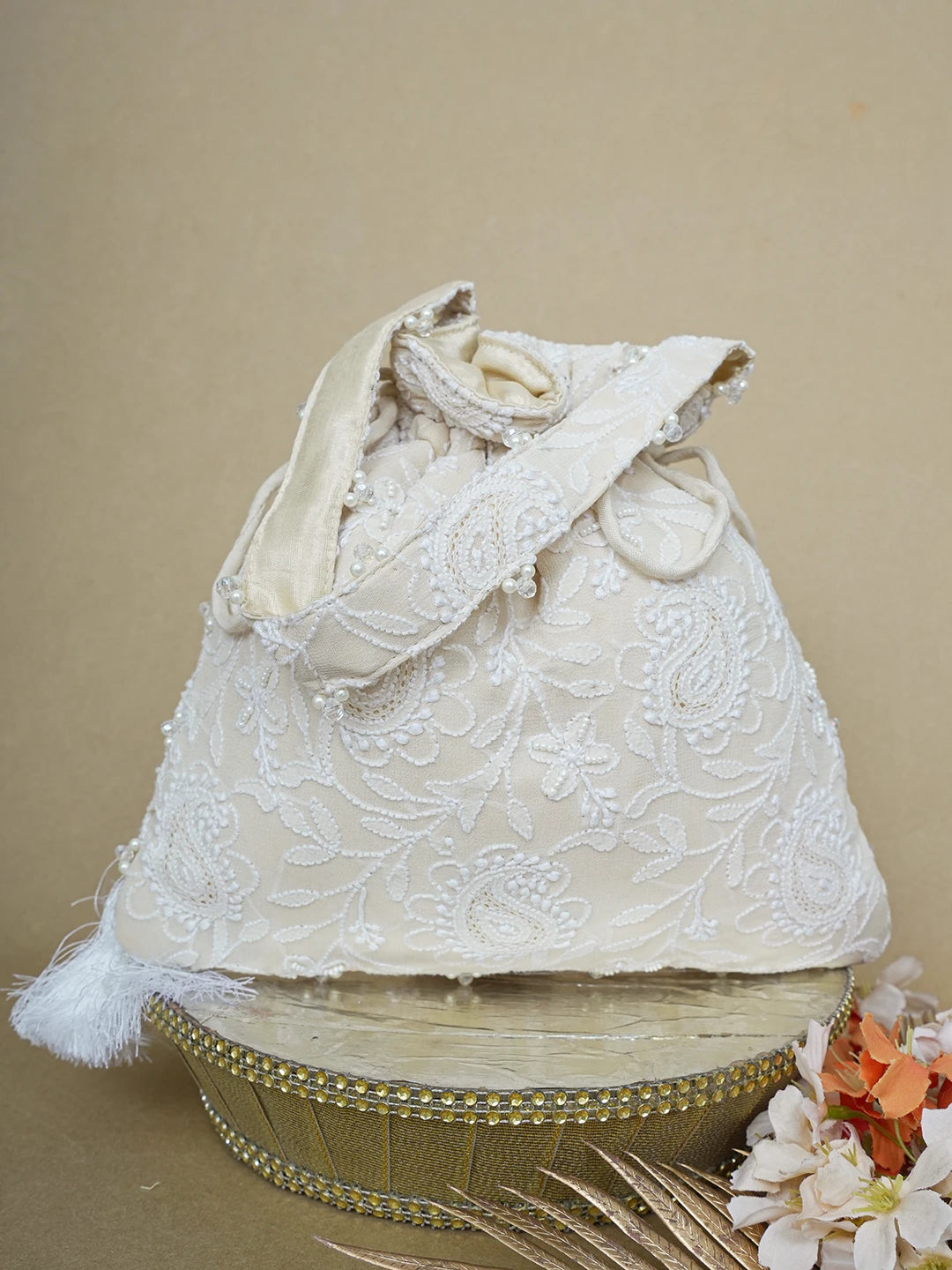 Ada Hand Embroidered Cream Pure Georgette Lucknowi Chikankari Potli Bag With Pearl Work 01A643135