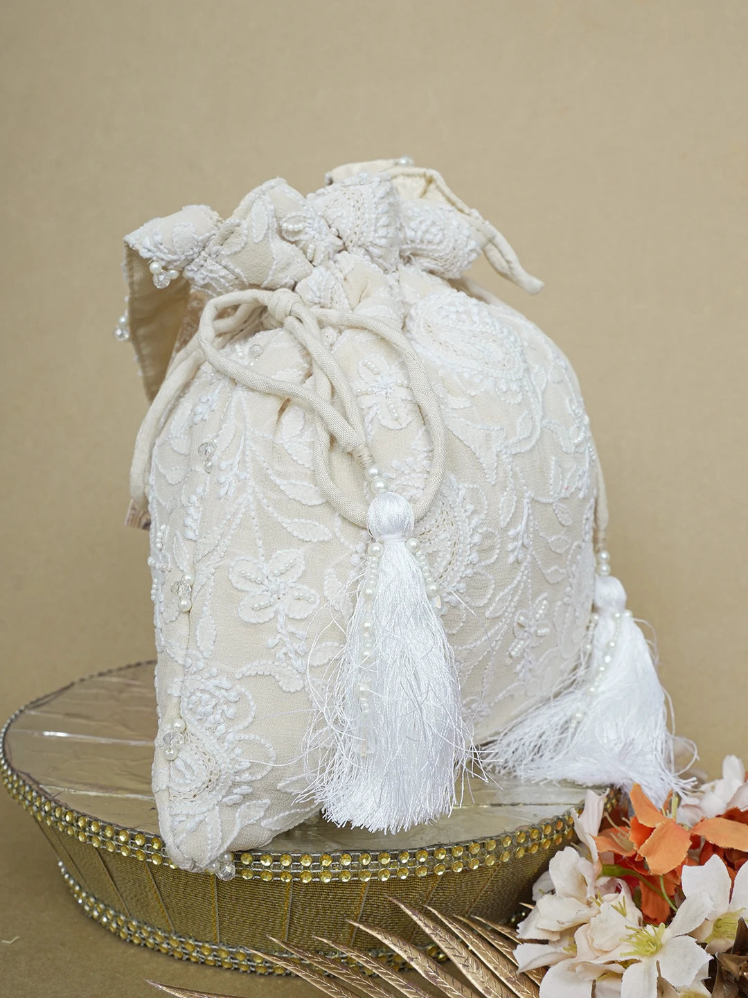 Ada Hand Embroidered Cream Pure Georgette Lucknowi Chikankari Potli Bag With Pearl Work 01A643135