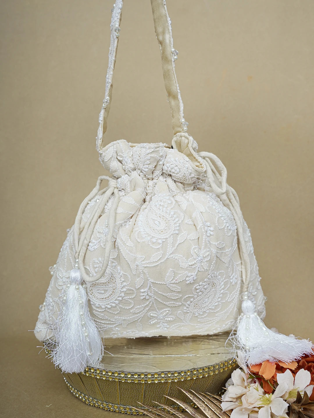 Ada Hand Embroidered Cream Pure Georgette Lucknowi Chikankari Potli Bag With Pearl Work 01A643135