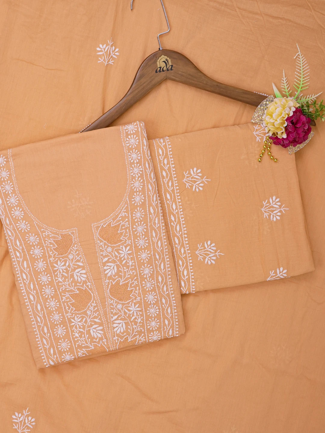 Ada Hand Embroidered Creamy Peach Cotton Lucknowi Chikankari Unstitched Suit Piece 01A639260