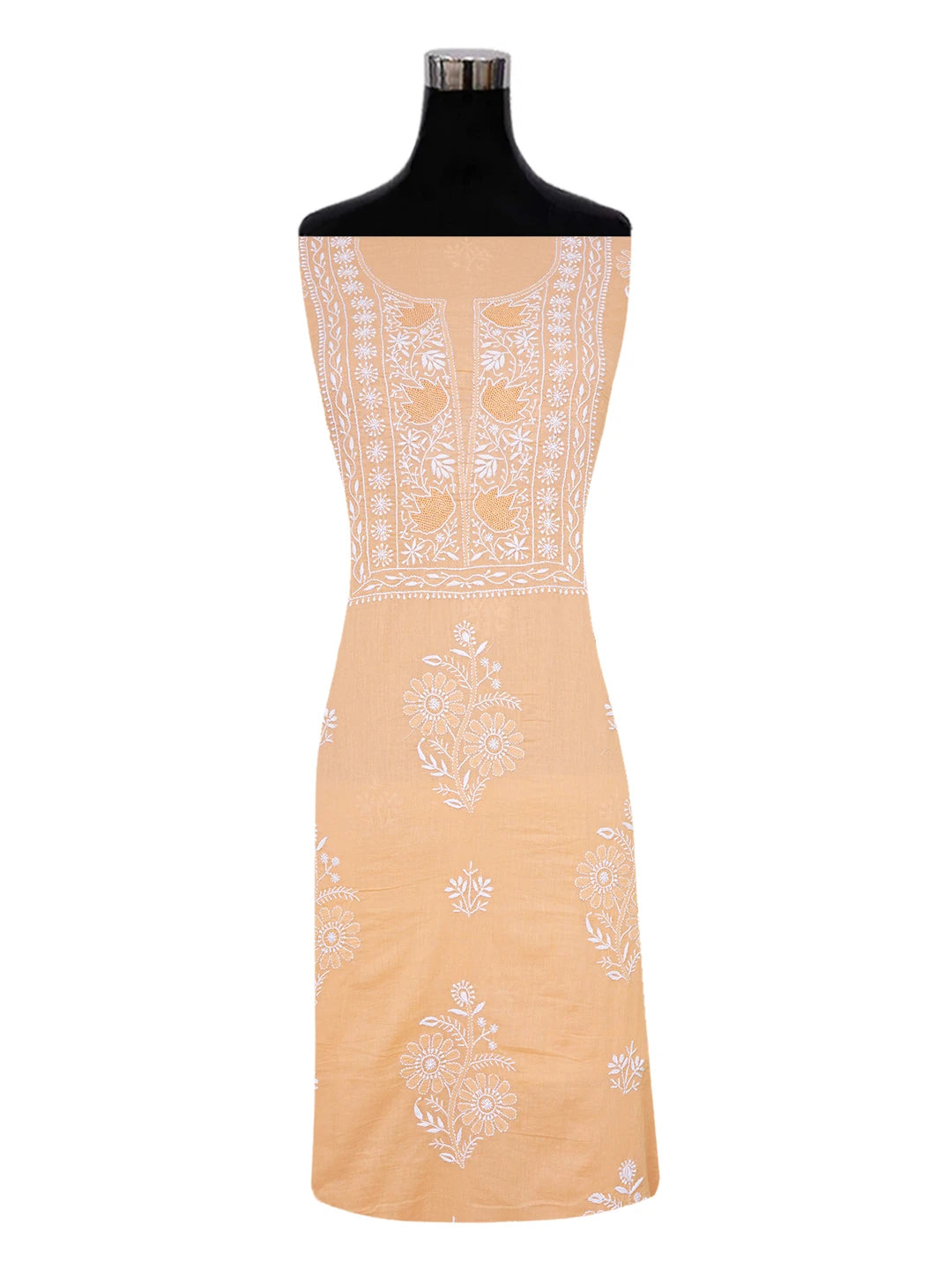 Ada Hand Embroidered Creamy Peach Cotton Lucknowi Chikankari Unstitched Suit Piece 01A639260