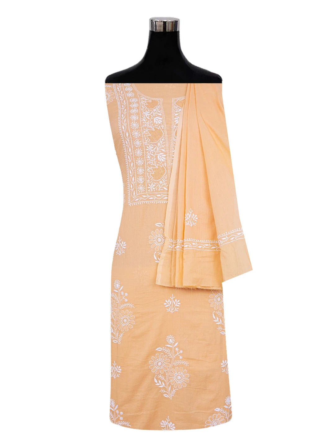 Ada Hand Embroidered Creamy Peach Cotton Lucknowi Chikankari Unstitched Suit Piece 01A639260