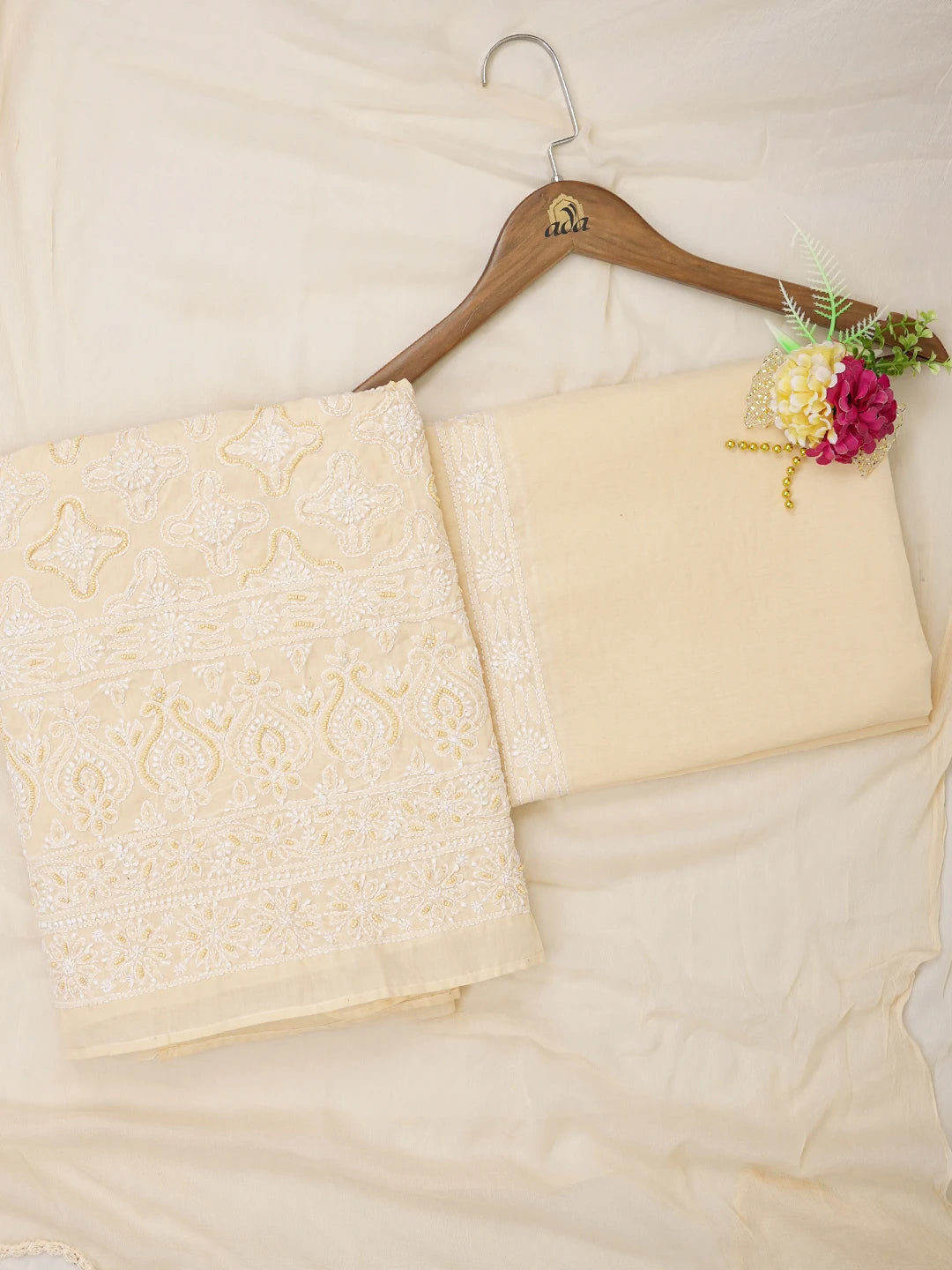 Ada Hand Embroidered Beige Cotton Lucknowi Chikankari Unstitched Suit Piece With Cutdana Work 01A622191