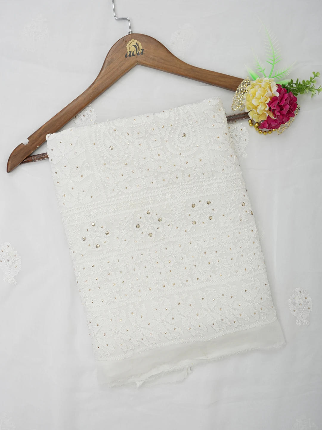 Ada Hand Embroidered White Viscose Georgette Lucknowi Chikankari Unstitched Kurta Dupatta Set With Muqaish Work 01A639600