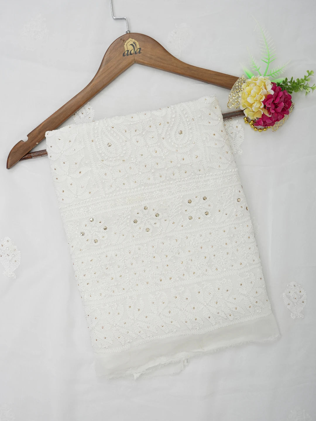 Ada Hand Embroidered White Viscose Georgette Lucknowi Chikankari Unstitched Kurta Dupatta Set With Muqaish Work 01A639600