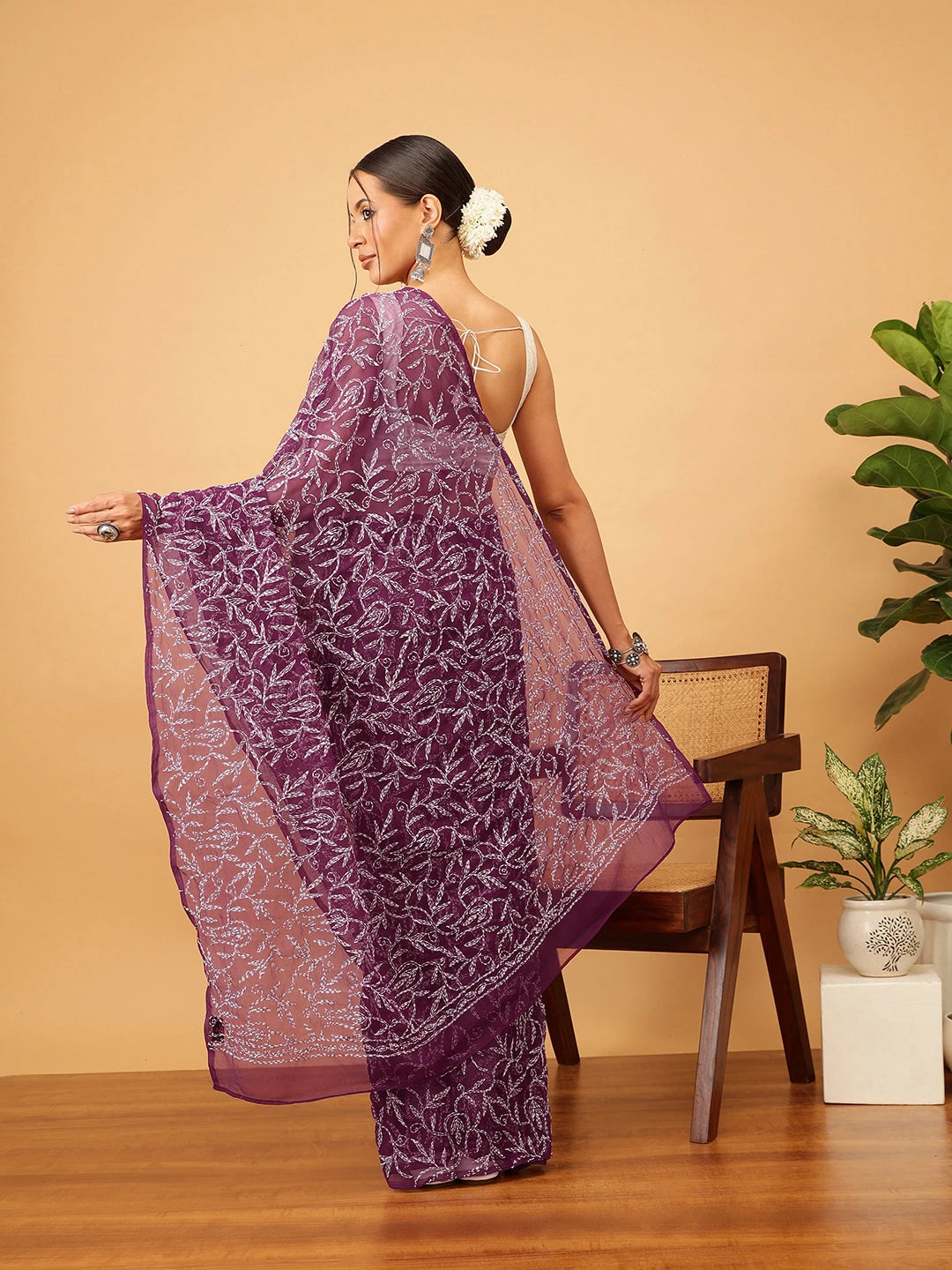Ada Hand Embroidered Wine Georgette Lucknowi Chikan Saree with Blouse A311381