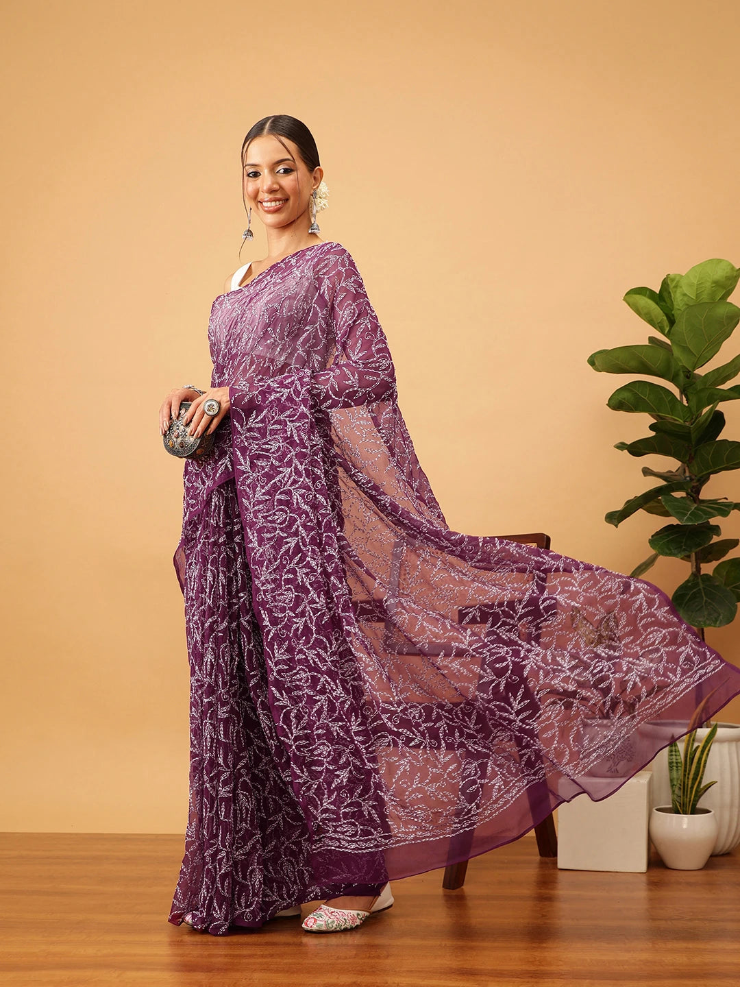 Ada Hand Embroidered Wine Georgette Lucknowi Chikan Saree with Blouse A311381