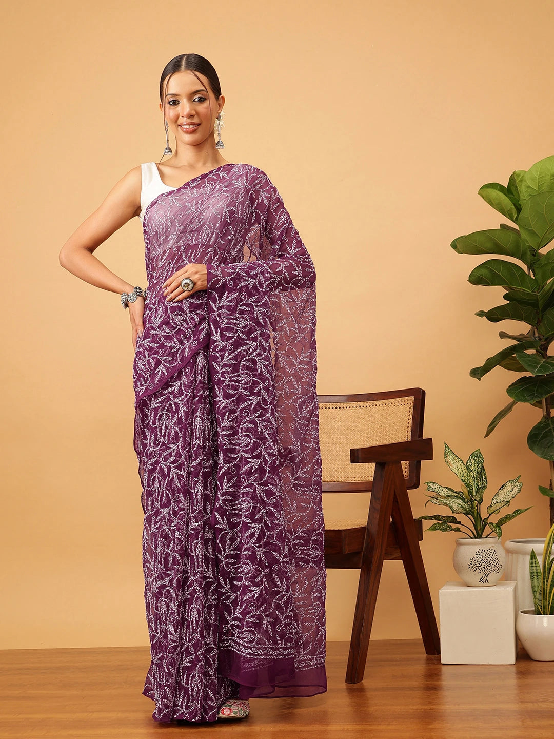 Ada Hand Embroidered Wine Georgette Lucknowi Chikan Saree with Blouse A311381