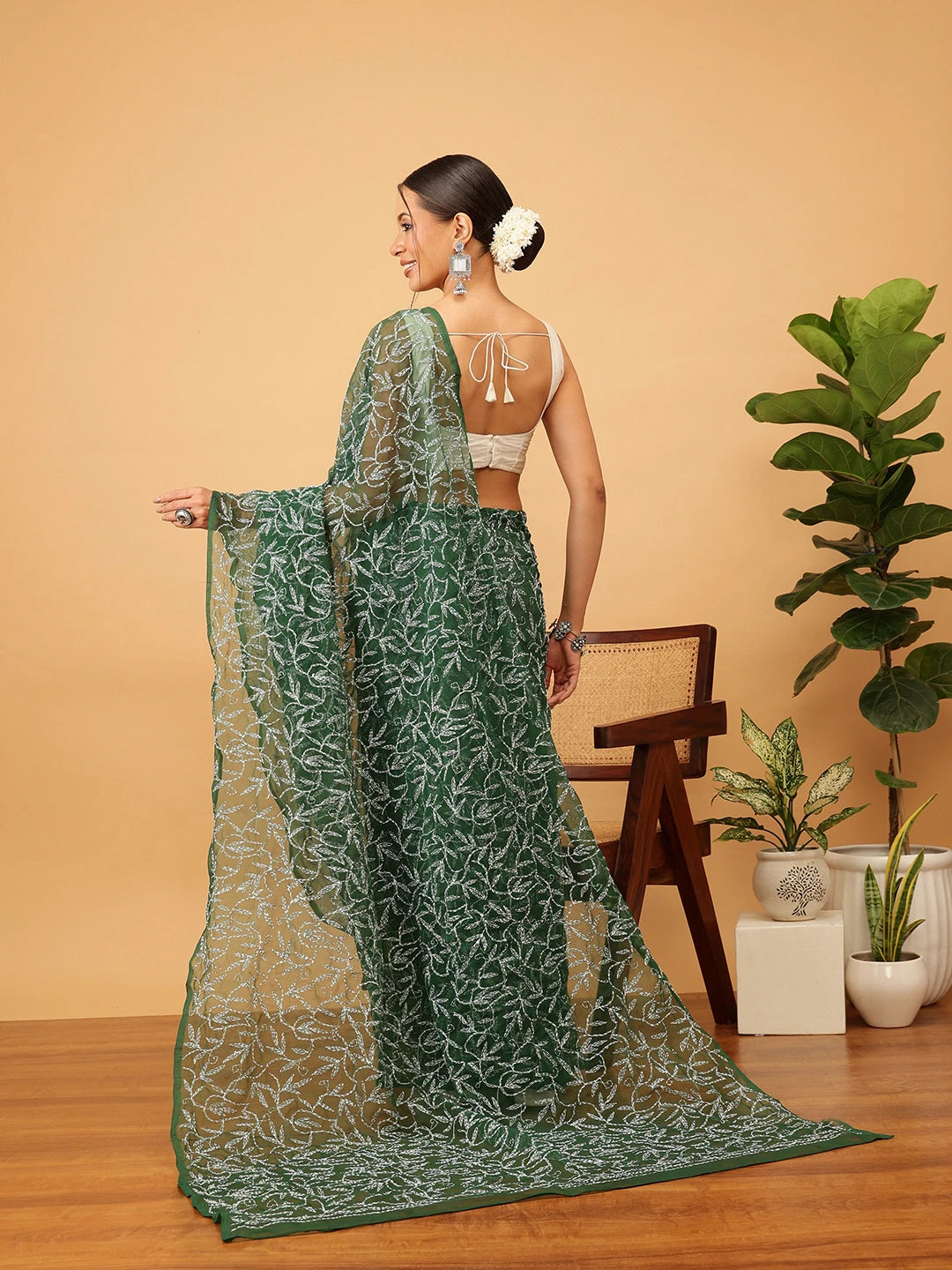 Ada Hand Embroidered Bottle Green Georgette Lucknowi Chikankari Saree With Blouse A311380