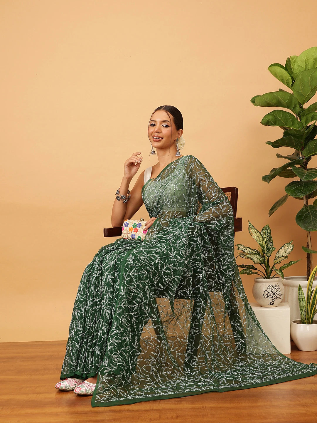 Ada Hand Embroidered Bottle Green Georgette Lucknowi Chikankari Saree With Blouse A311380