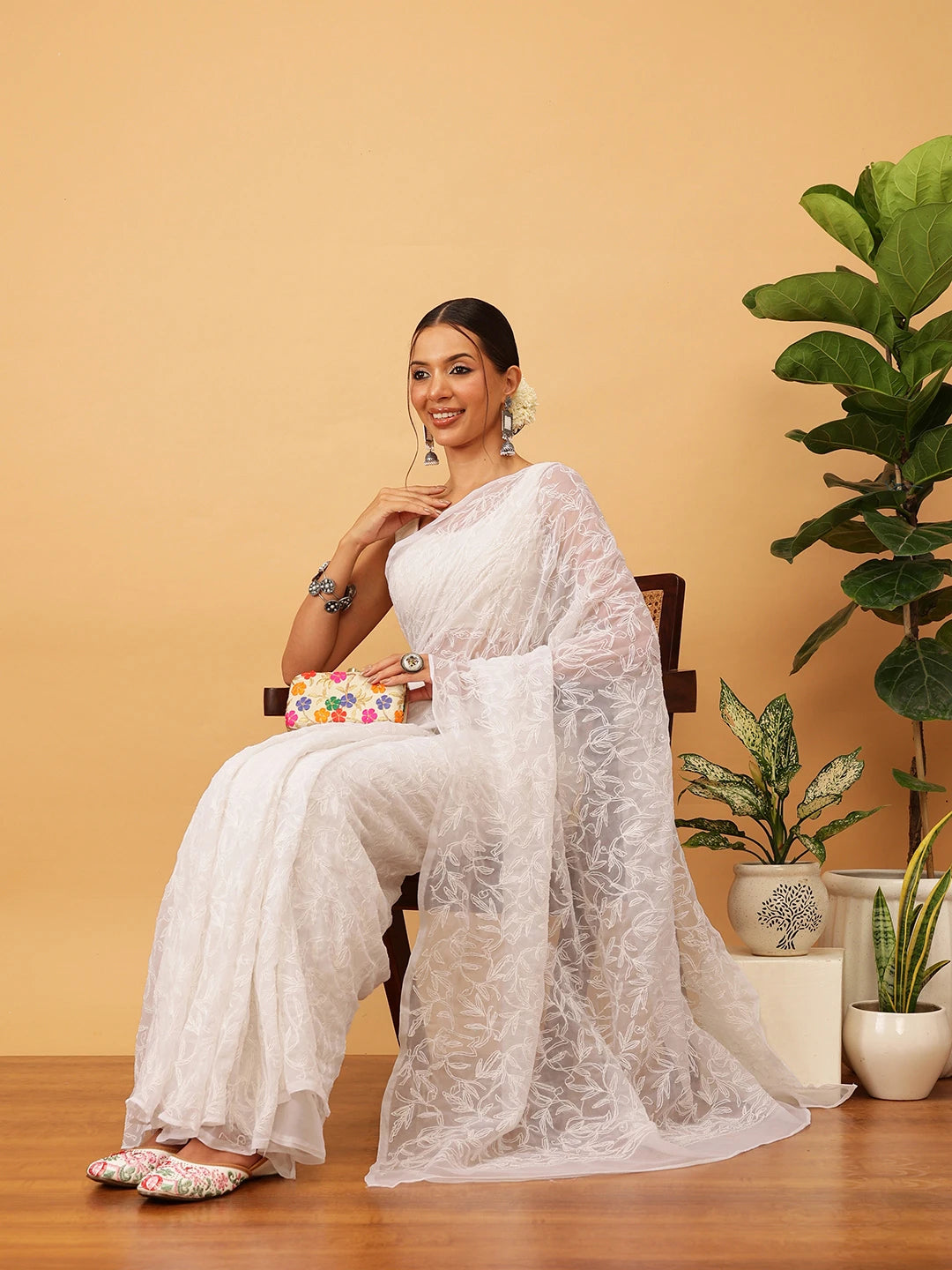 Ada Hand Embroidered White Georgette Lucknowi Chikankari Saree With Blouse A311382