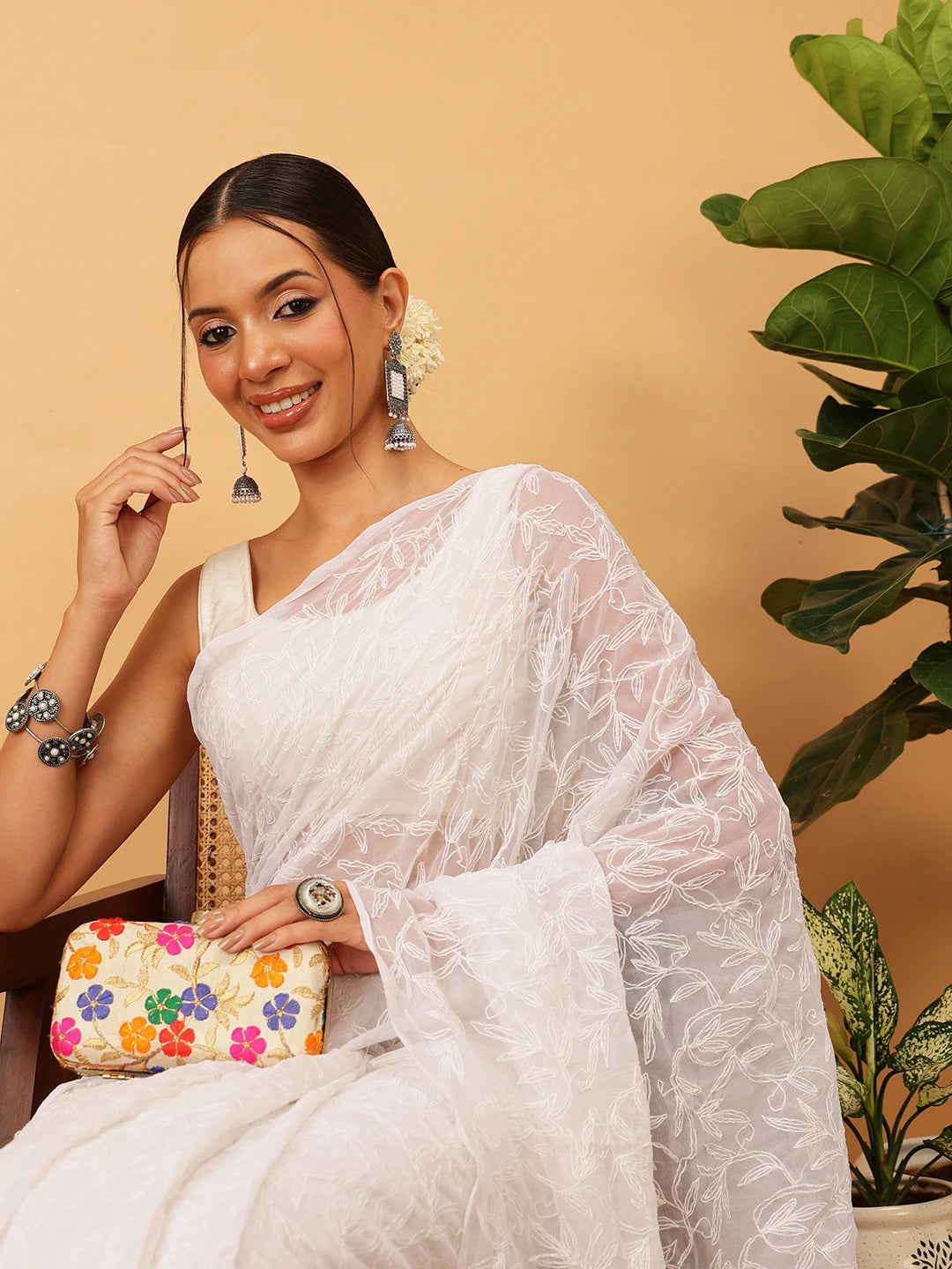 Ada Hand Embroidered White Georgette Lucknowi Chikankari Saree With Blouse A311382