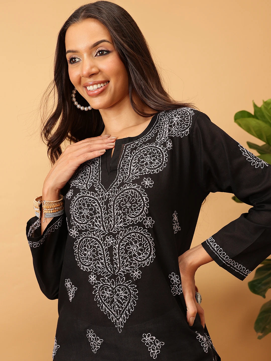 Ada Hand Embroidered Black Pure Cambric Cotton Lucknowi Chikankari Straight Kurta A100352