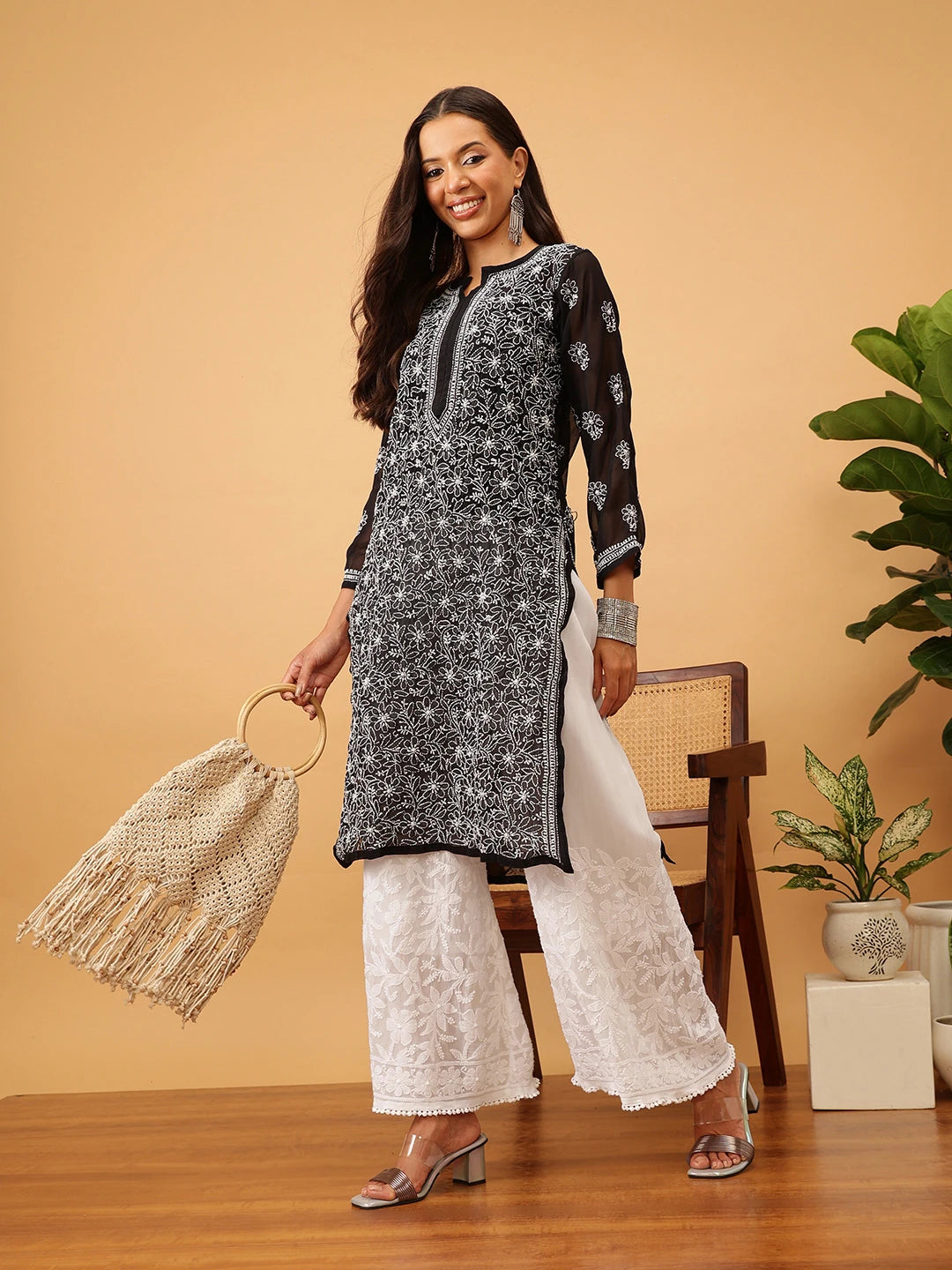 Ada Hand Embroidered White Viscose Georgette Lucknowi Chikankari Palazzo A711190