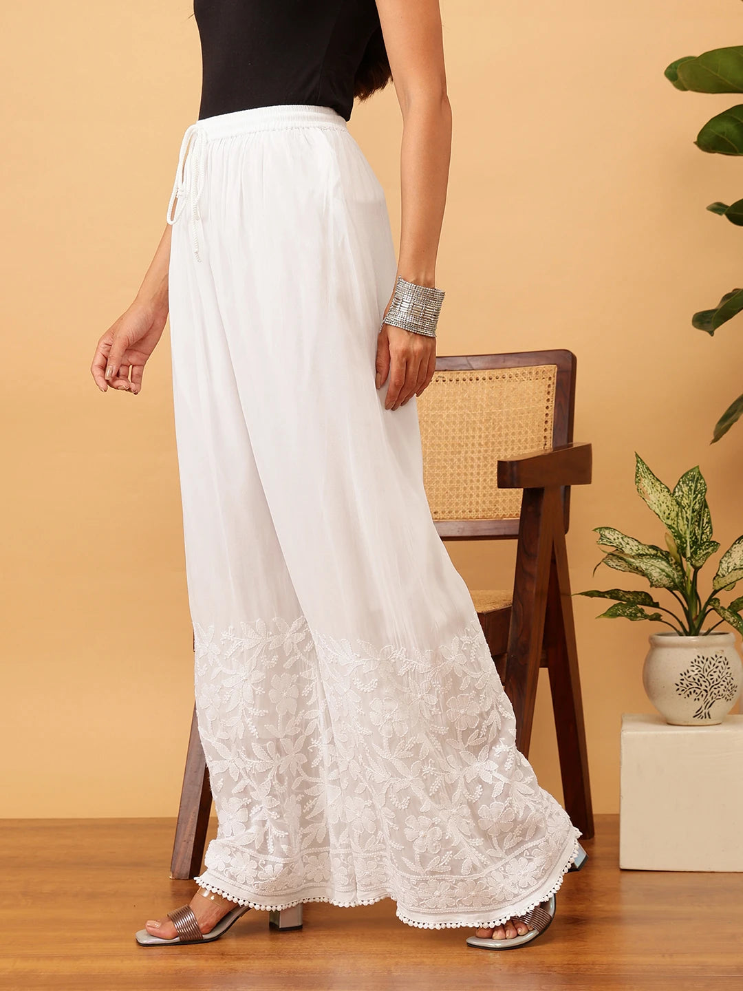 Ada Hand Embroidered White Viscose Georgette Lucknowi Chikankari Palazzo A711190