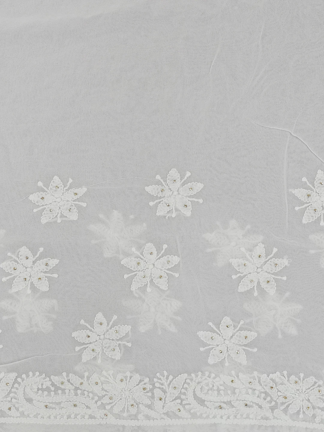 Ada Hand Embroidered Dove White Viscose Georgette Lucknowi Chikankari Saree/Blouse with Muqaish Work 01A627605