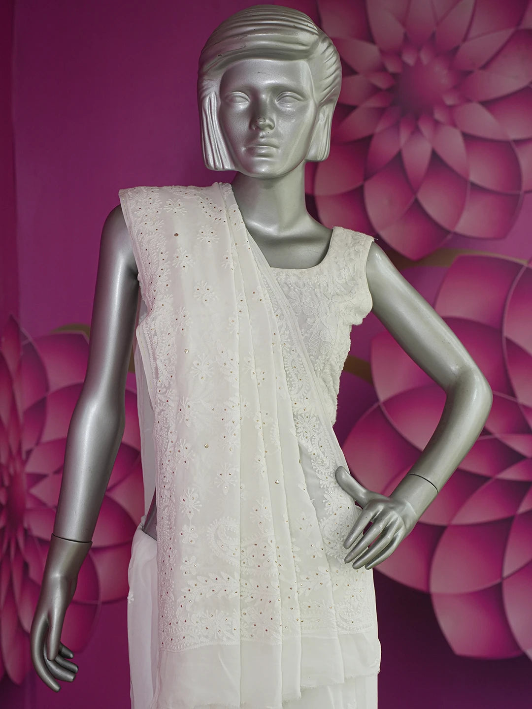 Ada Hand Embroidered Dove White Viscose Georgette Lucknowi Chikankari Saree/Blouse with Muqaish Work 01A627605