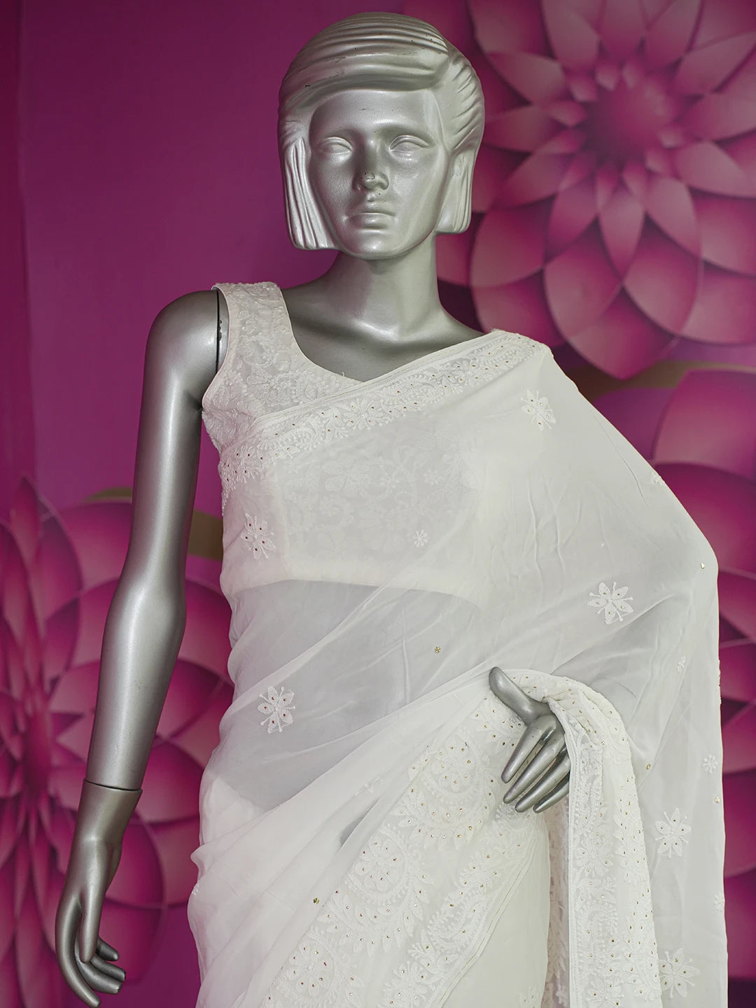 Ada Hand Embroidered Dove White Viscose Georgette Lucknowi Chikankari Saree/Blouse with Muqaish Work 01A627605