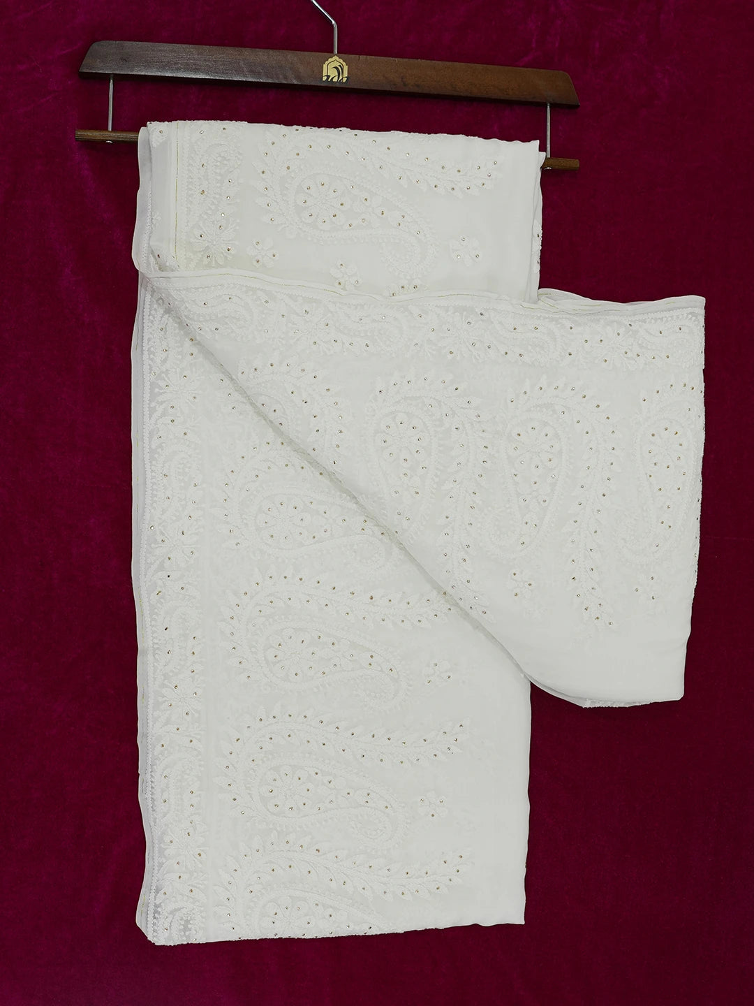 Ada Hand Embroidered Dove White Viscose Georgette Lucknowi Chikankari Saree/Blouse with Muqaish Work 01A627605