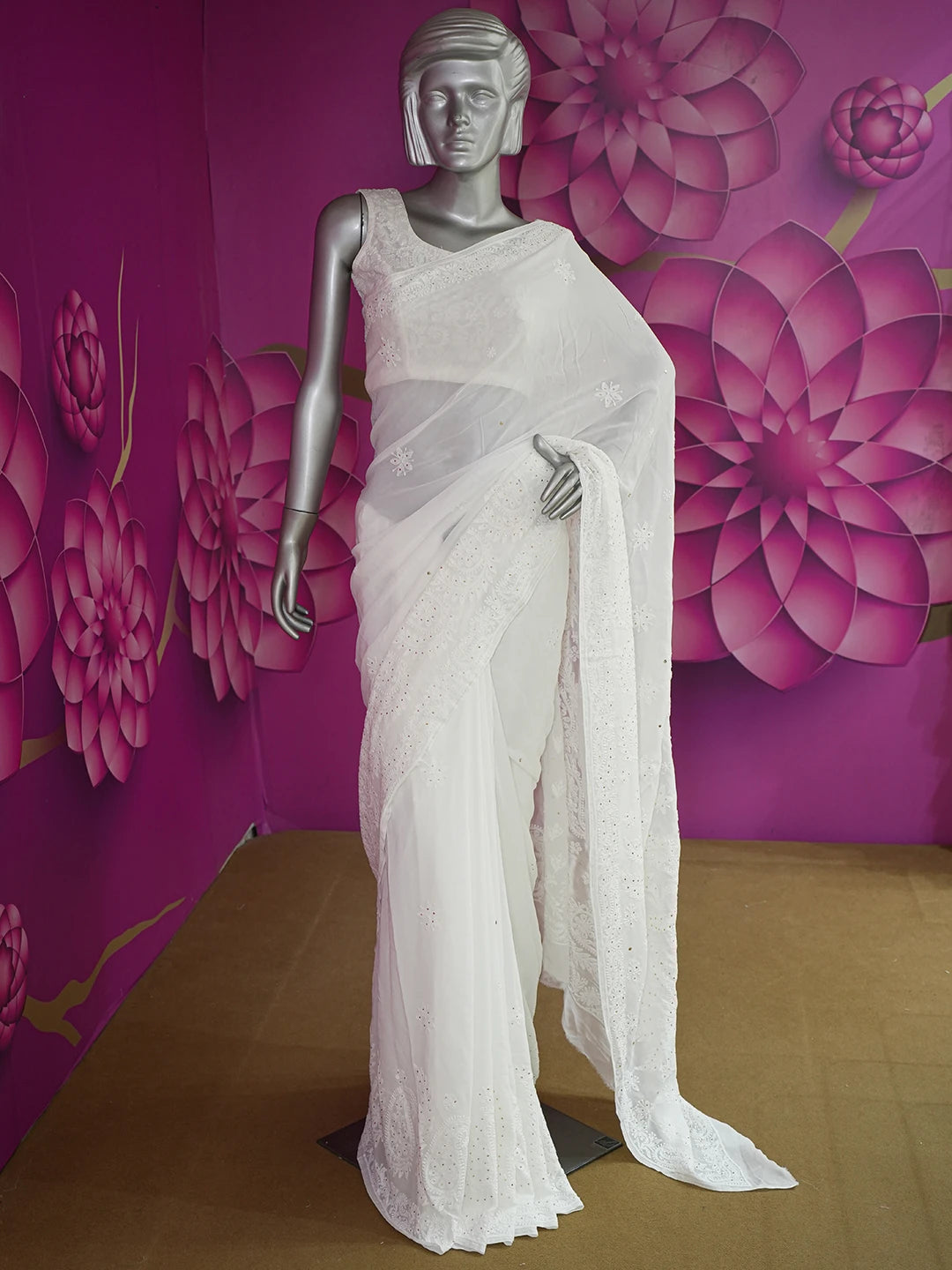 Ada Hand Embroidered Dove White Viscose Georgette Lucknowi Chikankari Saree/Blouse with Muqaish Work 01A627605