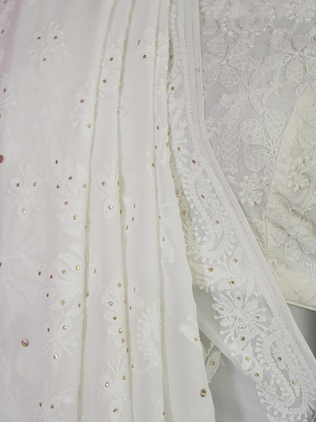 Ada Hand Embroidered Dove White Viscose Georgette Lucknowi Chikankari Saree/Blouse with Muqaish Work 01A627605
